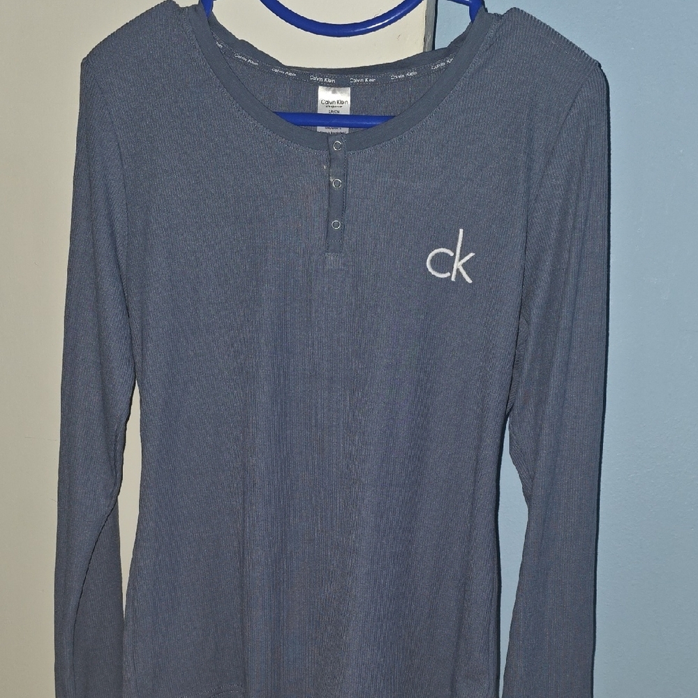 Calvin Klein Long-Sleeve Ribbed Henley Top - Slate Blue